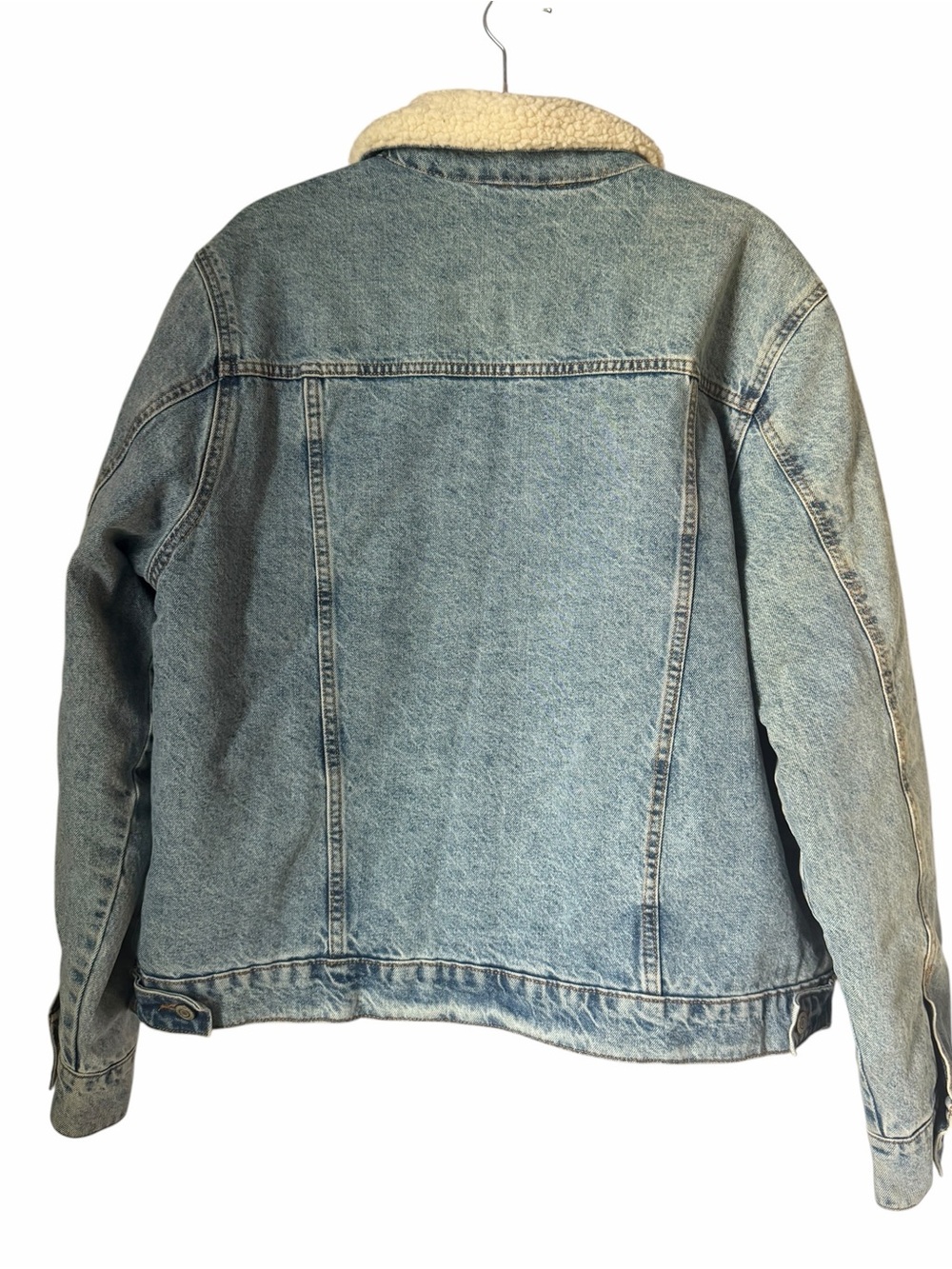 Primark Light Blue Denim Jacket Cream Sherpa Collar Lightweight Fall Autumn Jean - Picture 2 of 5